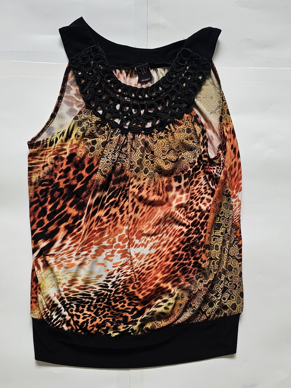 Wrapper Black and Orange Leopard Print Crochet Neck Tank